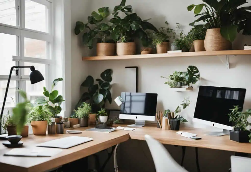 Modern home office with lush green plants and natural sunlight for a productive workspace.