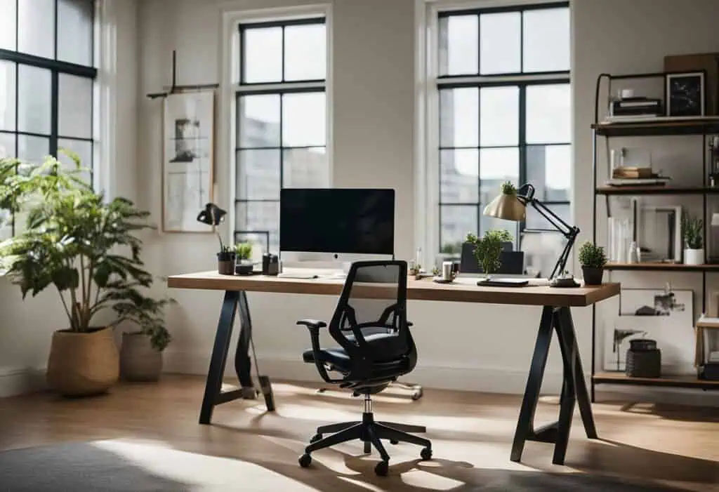 Standing desk setup in a bright, stylish home office with large windows and minimal decor.