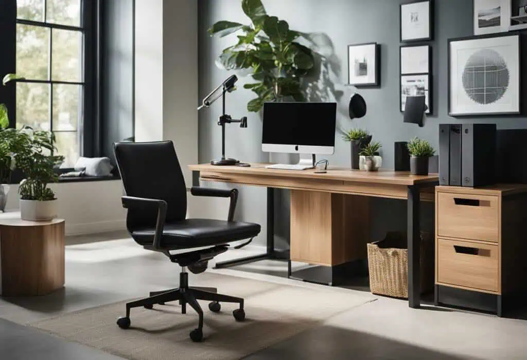 Stylish home office with wooden desk, ergonomic chair, and organized workspace in Singapore.