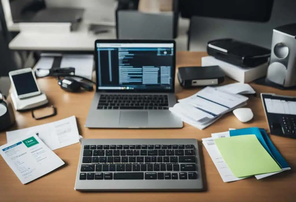 Modern home office workspace with laptop, documents, and office supplies for tax savings.
