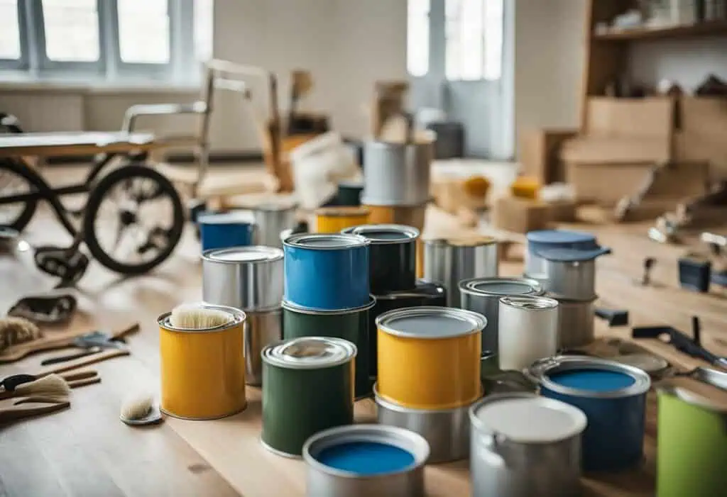 Accessible home renovation with paint cans and tools for elderly safety.
