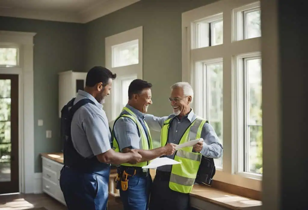 Homeowners discussing renovation grant options indoors.