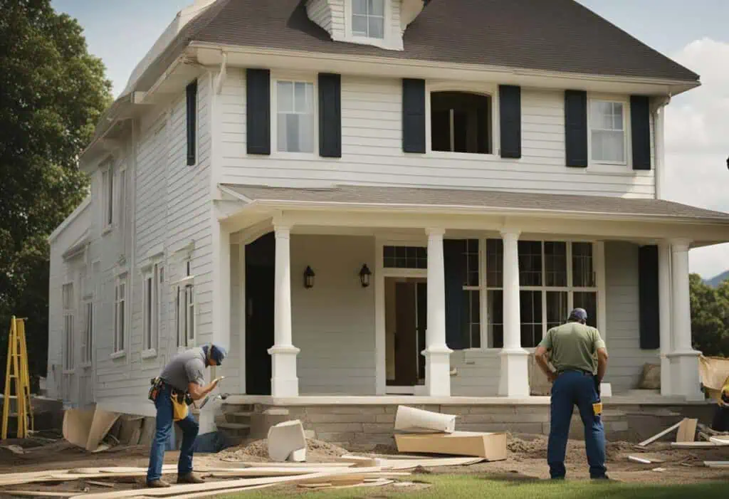 Renovation workers upgrading a house exterior, emphasizing home improvement and protection.