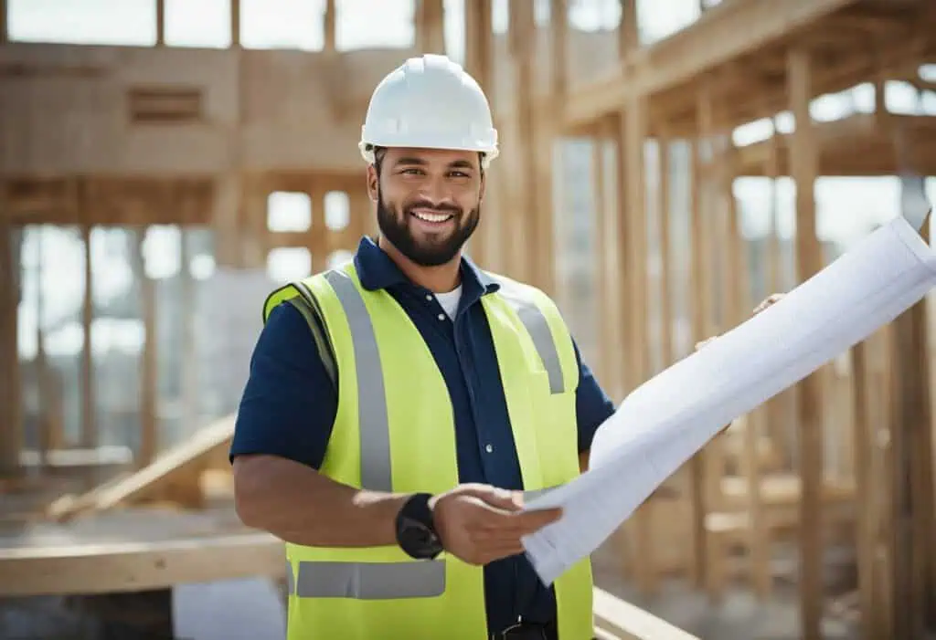 Smiling construction project manager reviewing plans at a home renovation site.