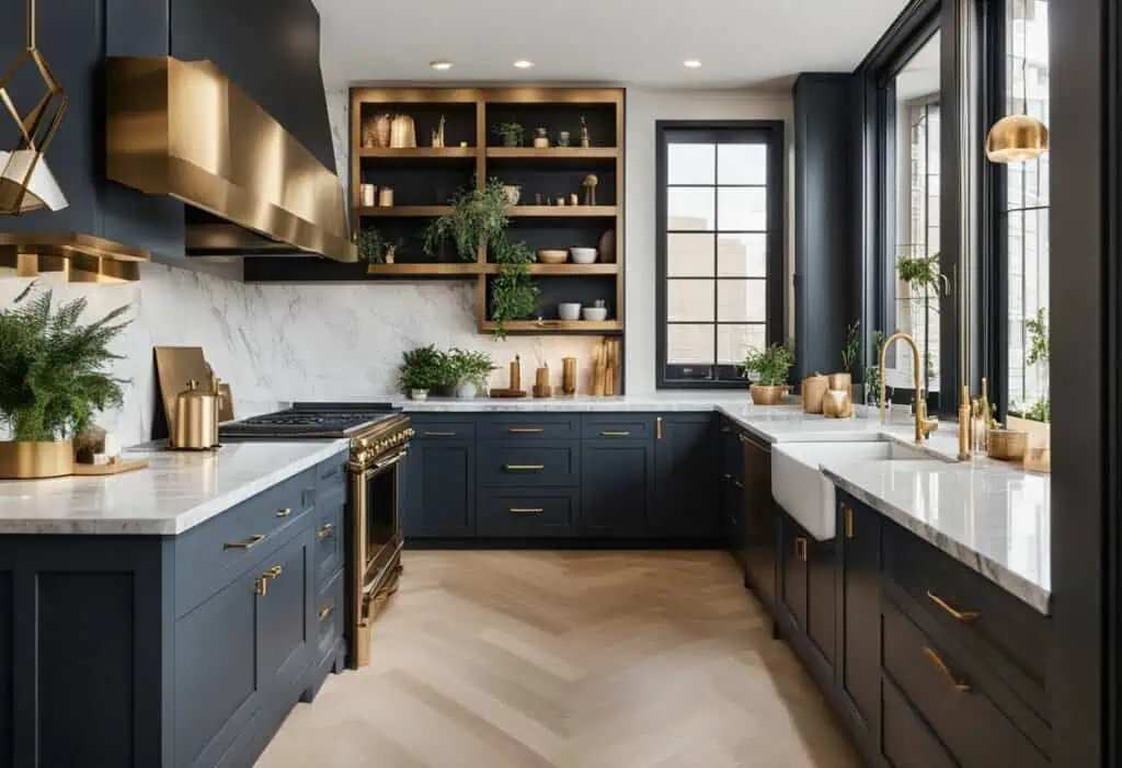 Modern navy kitchen with gold fixtures, open shelves, and large windows for stylish renovation.