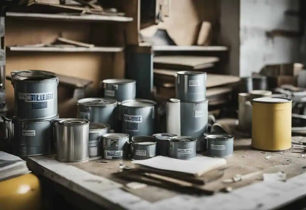 Paint cans and brushes on a workbench for home renovation projects.