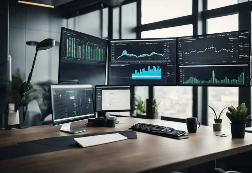 Advanced trading desk with multiple monitors displaying financial charts and data analysis.