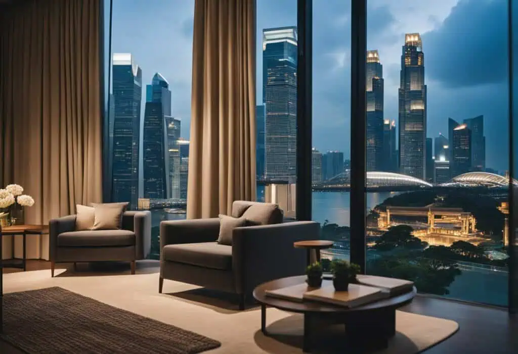 Luxurious living room with city skyline view, stylish furniture, and large windows in Singapore. Per.