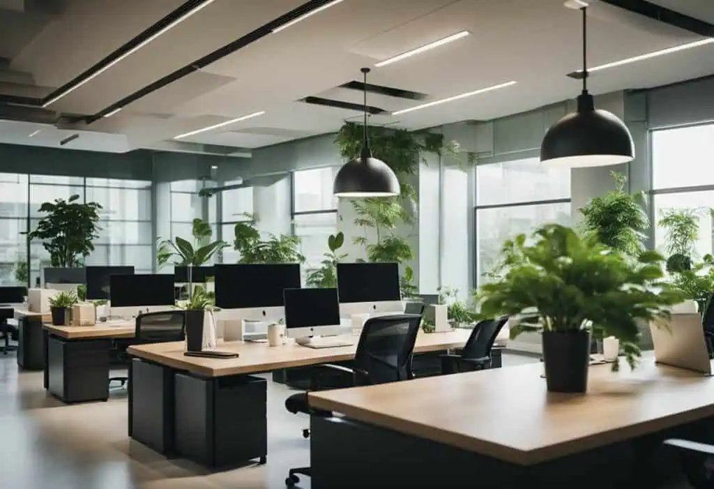 Bright, open office with shared desks, plants, and contemporary lighting for dynamic work environmen.
