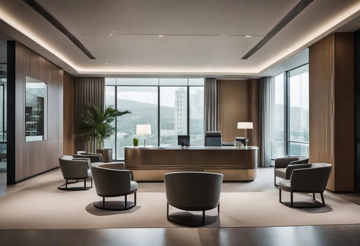 Elegant hotel office design with comfortable seating and large windows for productivity and comfort.