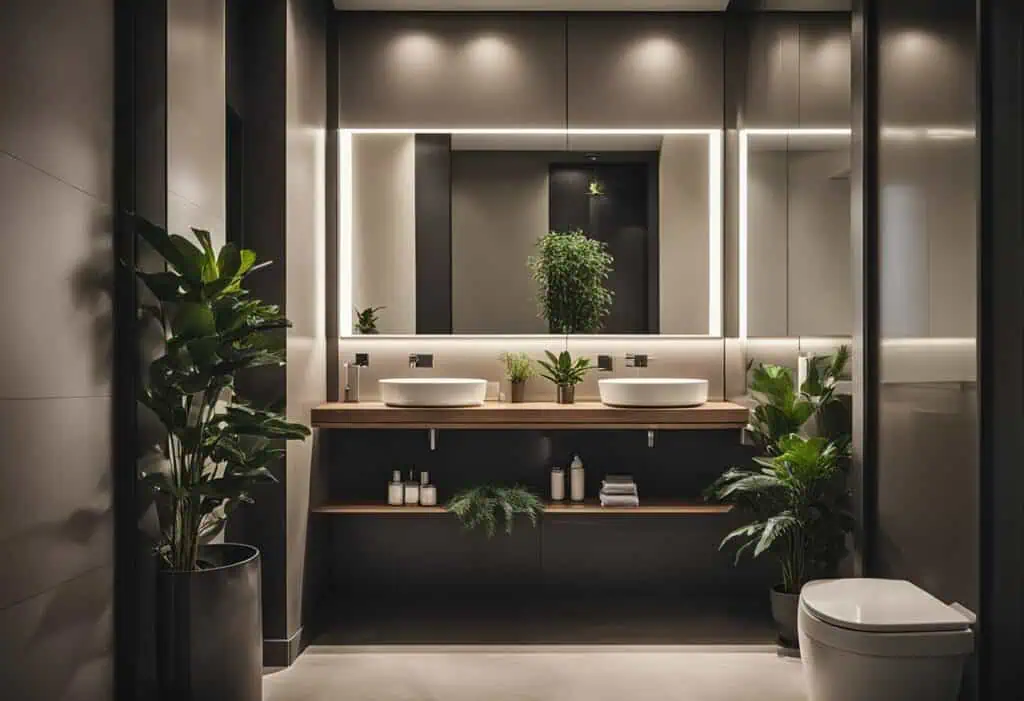 Modern hotel bathroom with stylish fixtures, double sinks, and decorative plants for a luxurious gue.