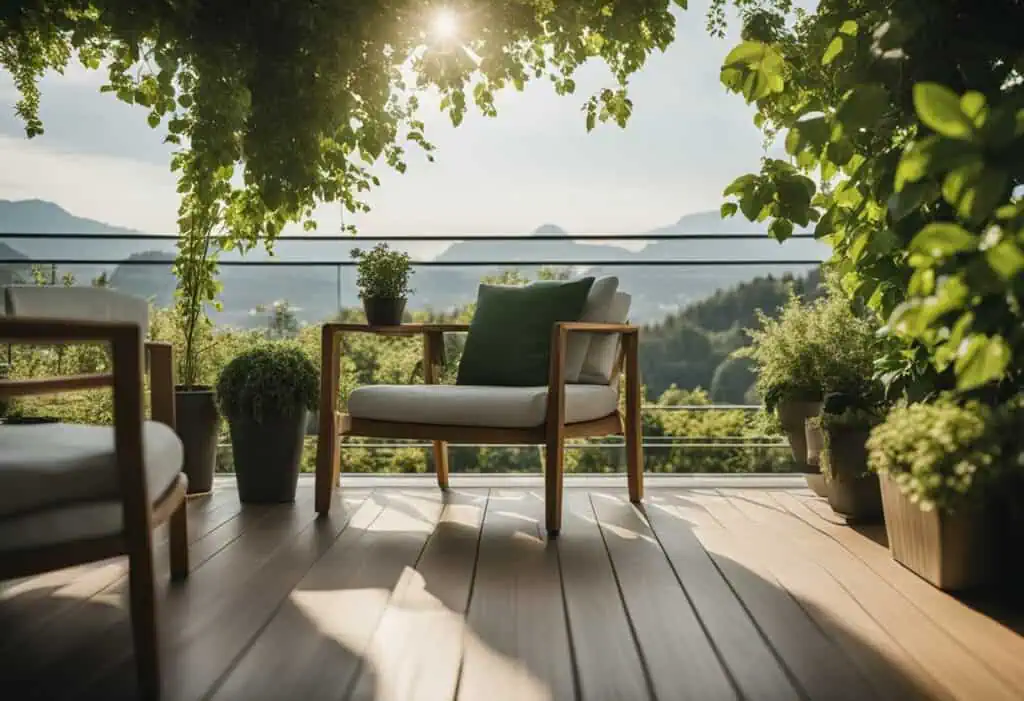 Beautiful house balcony with outdoor seating and lush plants, offering a relaxing space to enjoy sce.