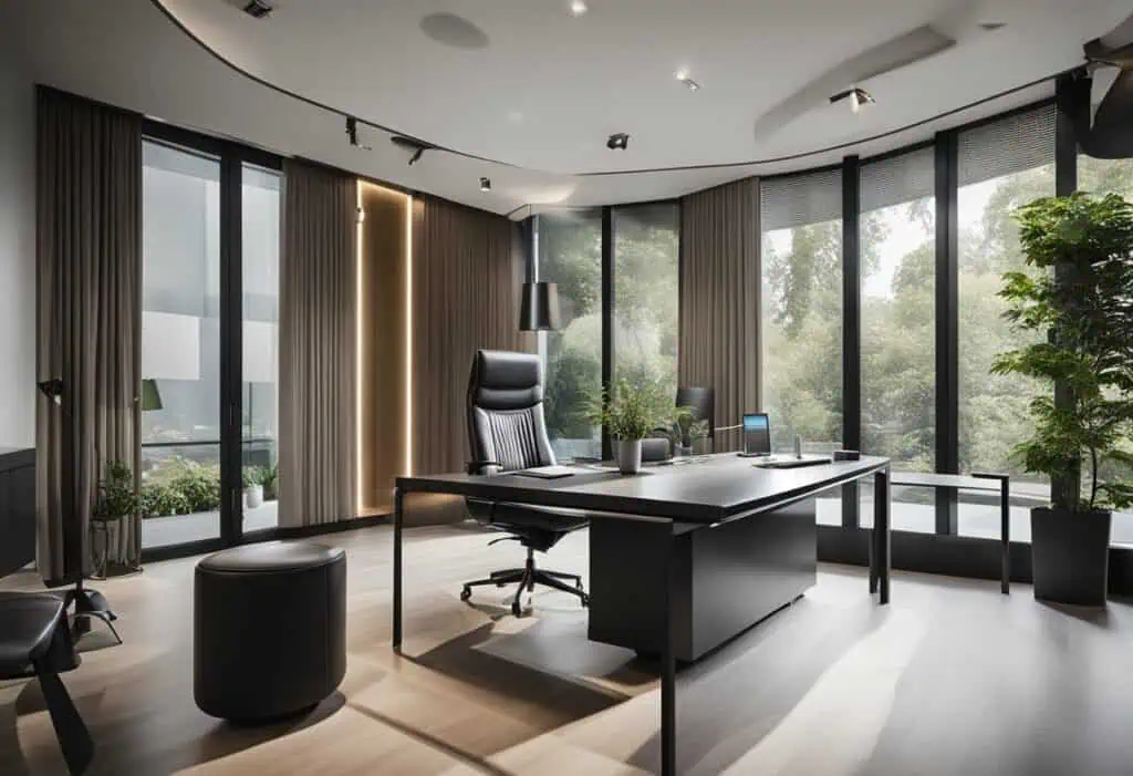 Spacious home office featuring large windows, sleek furniture, and natural light for an inspiring wo.