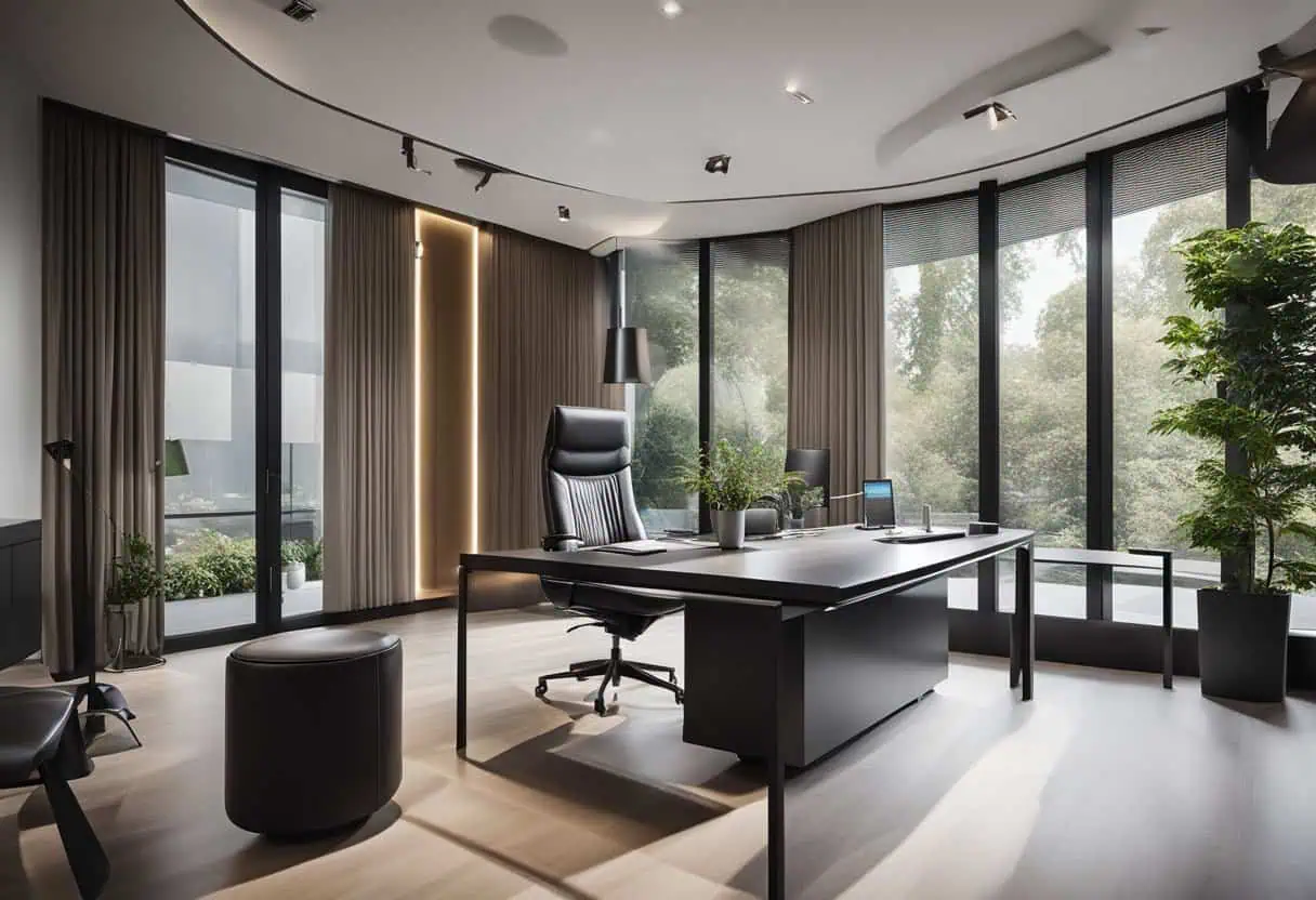 Spacious home office featuring large windows, sleek furniture, and natural light for an inspiring wo.
