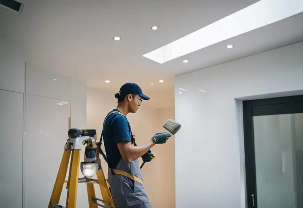 Renovation worker inspecting wall for home improvement in Singapore.