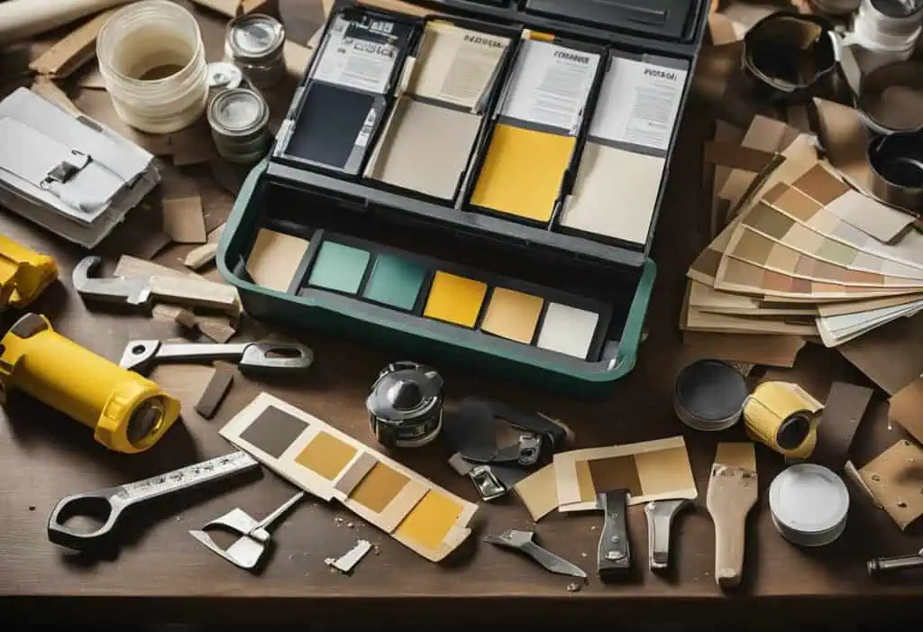 Interior renovation tools and color samples for home improvement projects.