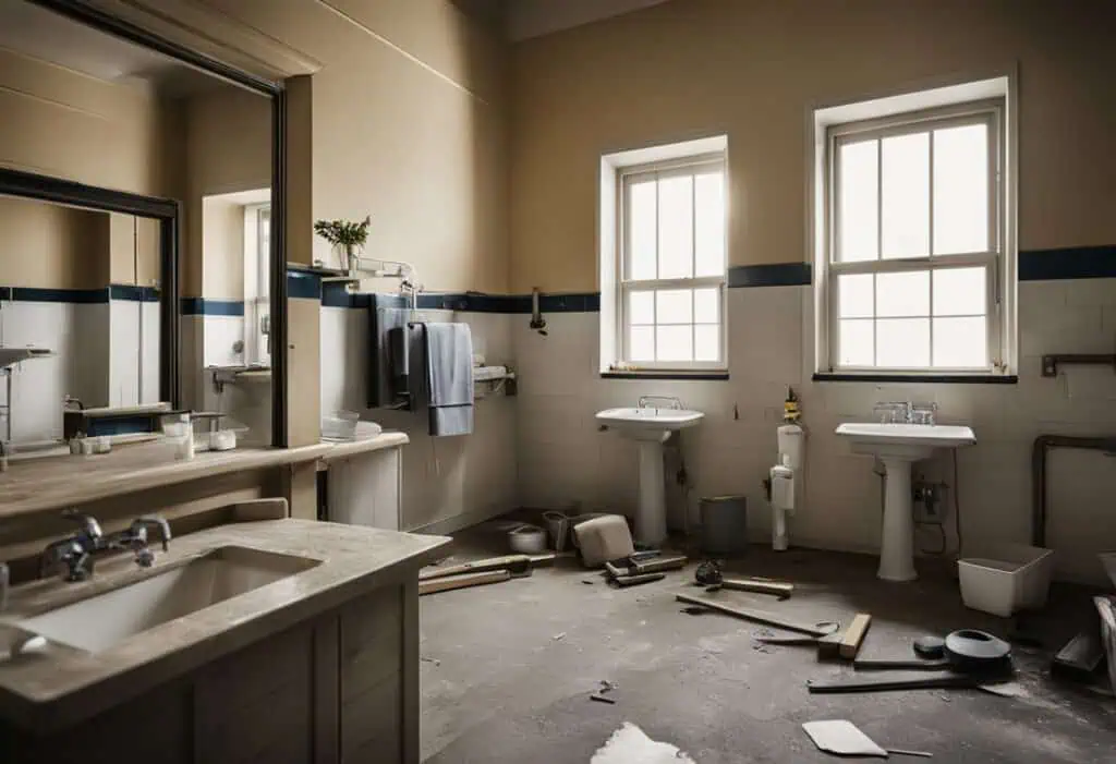 Renovated bathroom with new fixtures and modern design for improved functionality.