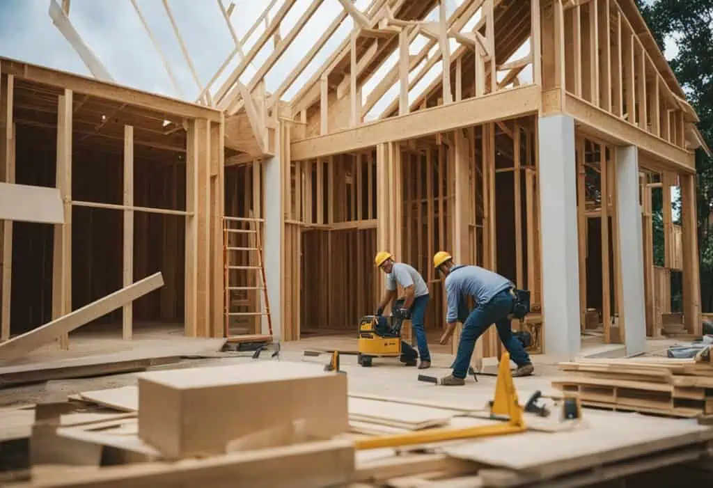 Skilled workers building a wooden house frame during renovation.