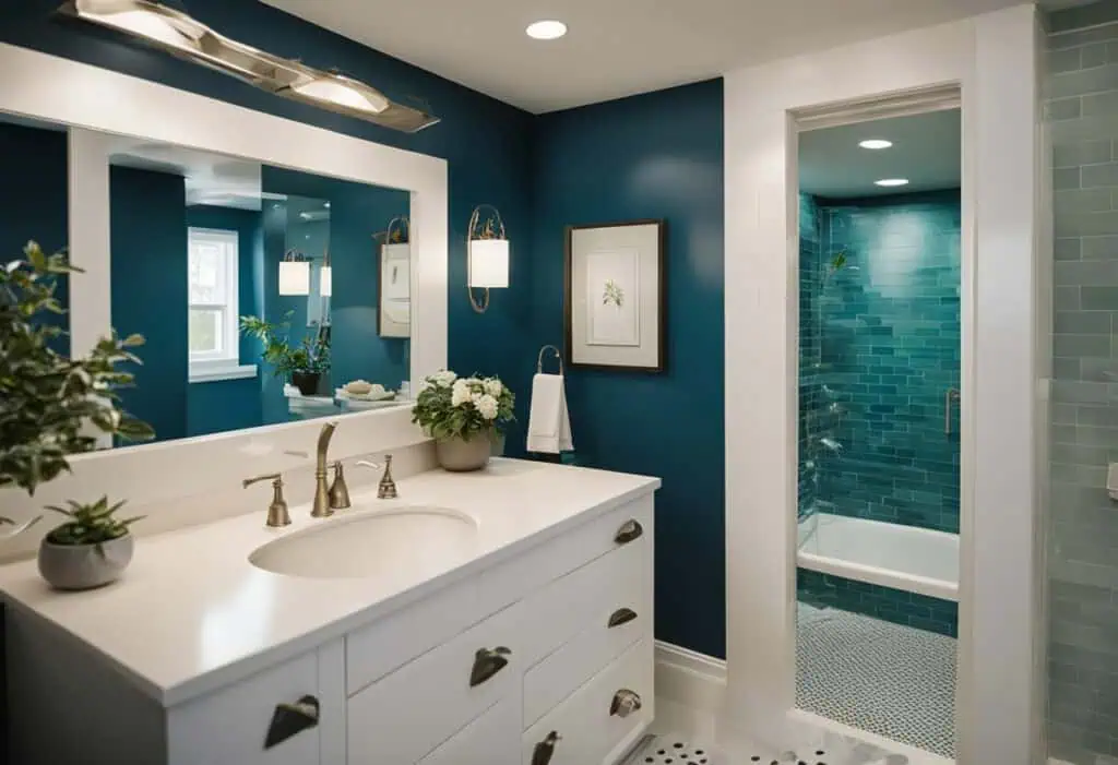 Elegant bathroom featuring blue walls, a large mirror, and a walk-in shower.