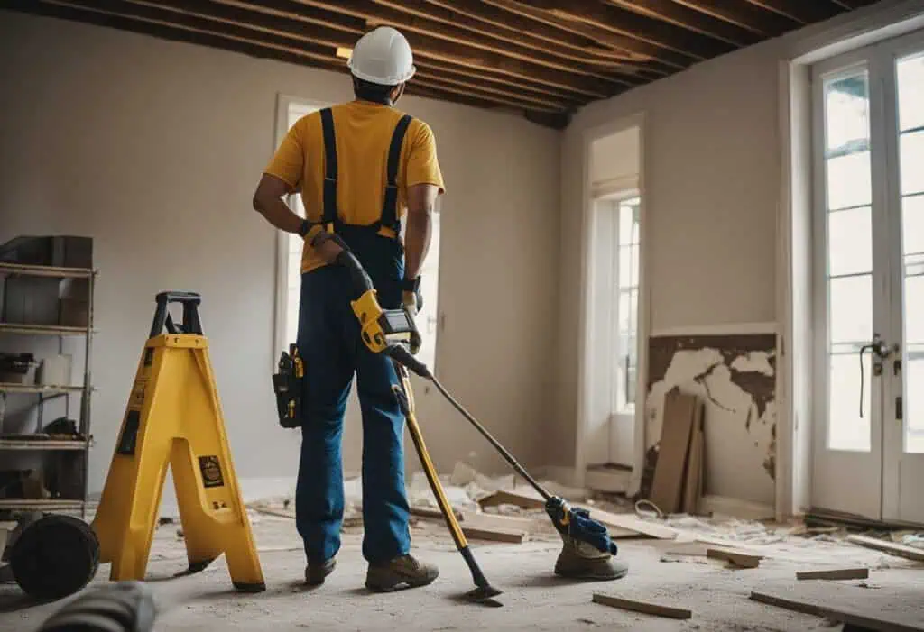 Worker renovating a room with flooring tools and safety gear.