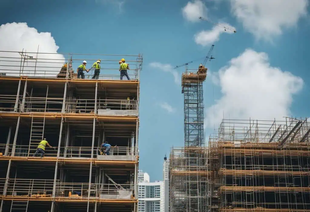Construction workers on high-rise building scaffolding in Singapore.