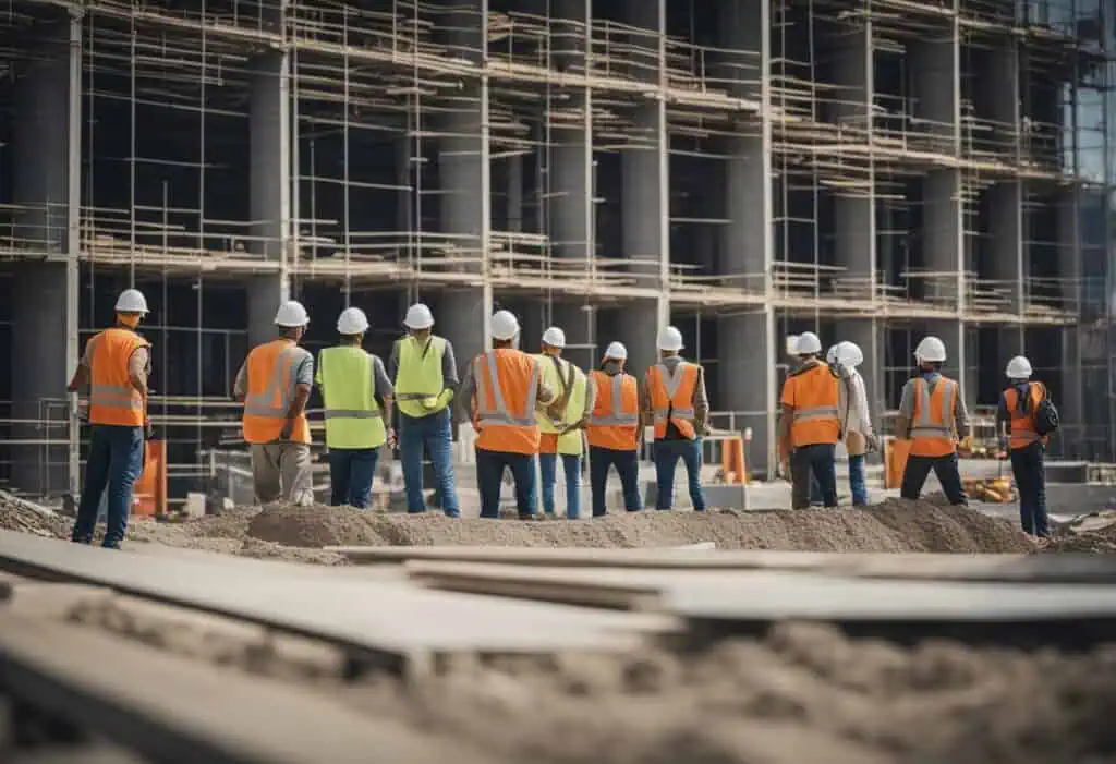 Construction workers inspecting a building site during renovation.