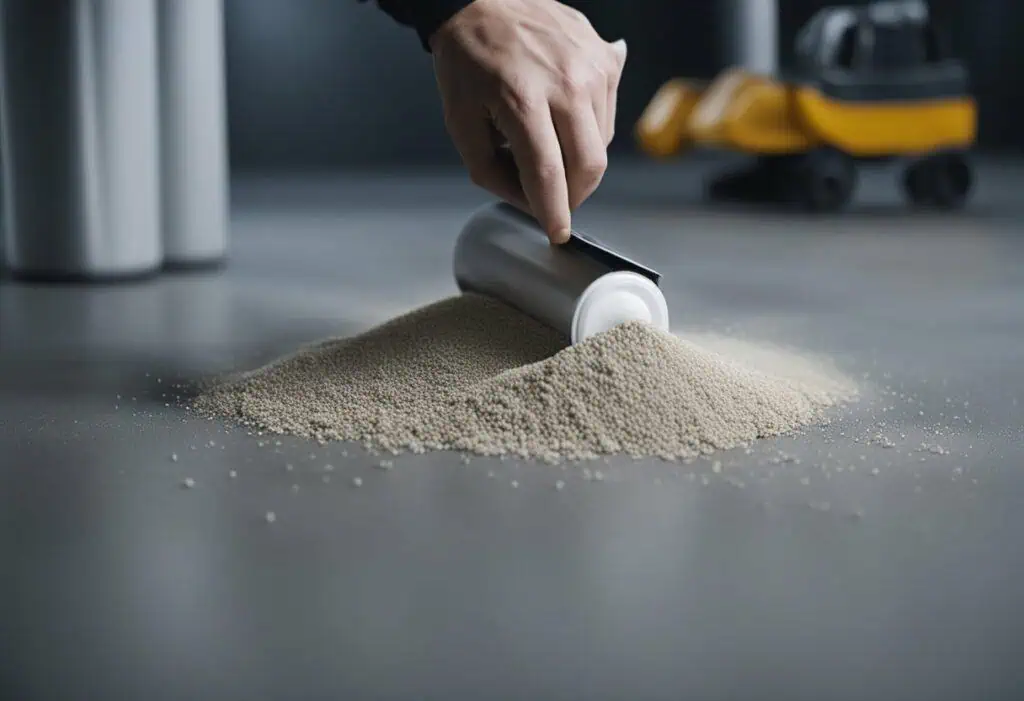 Person scooping lead dust from the floor with a container during cleaning.
