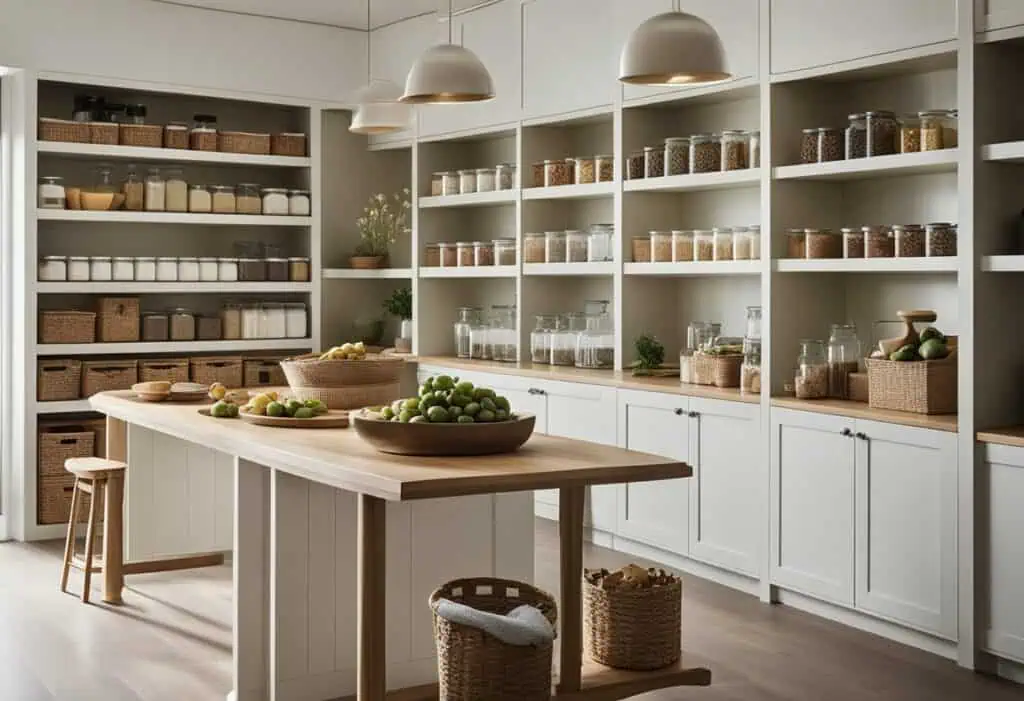 Organized kitchen pantry with neatly arranged jars, baskets, and shelves for efficient storage solut.