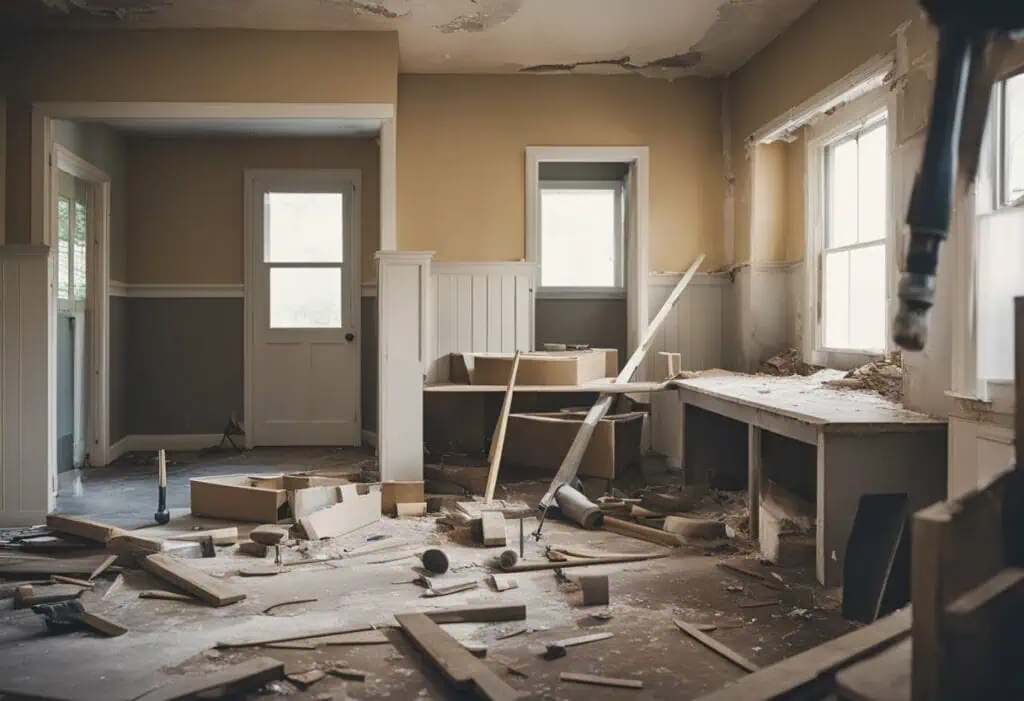Interior of a house under renovation with debris and construction tools.