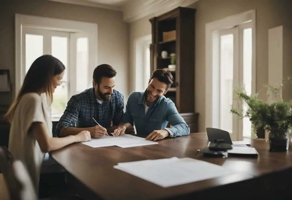 Happy couple discussing home renovation financing options at a table.