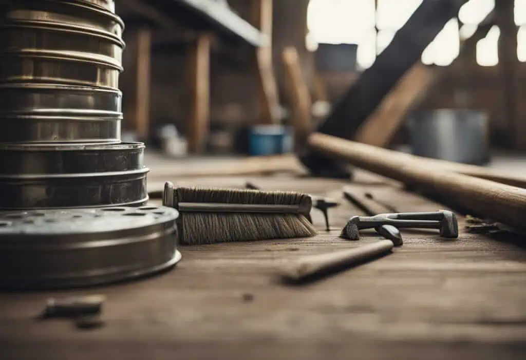 Collection of renovation tools and supplies on a wooden workbench.