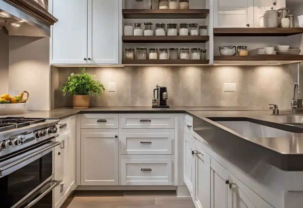Bright, organized kitchen with white cabinets and open shelving, perfect for DIY kitchen renovation.