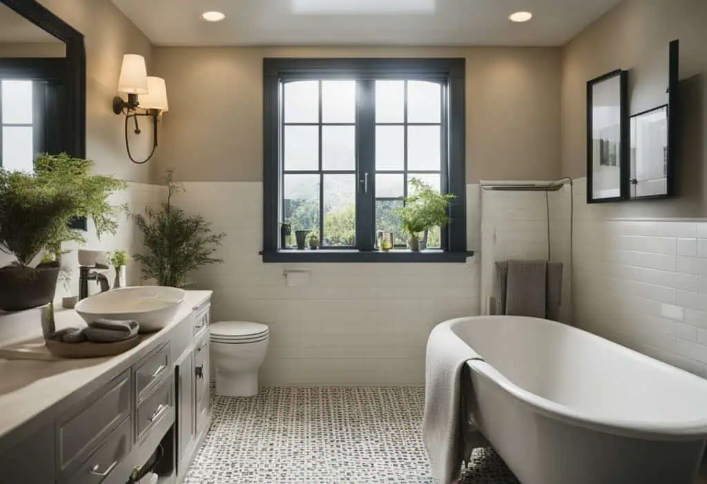 Modern small bathroom with bathtub, vanity, and window for renovation ideas.