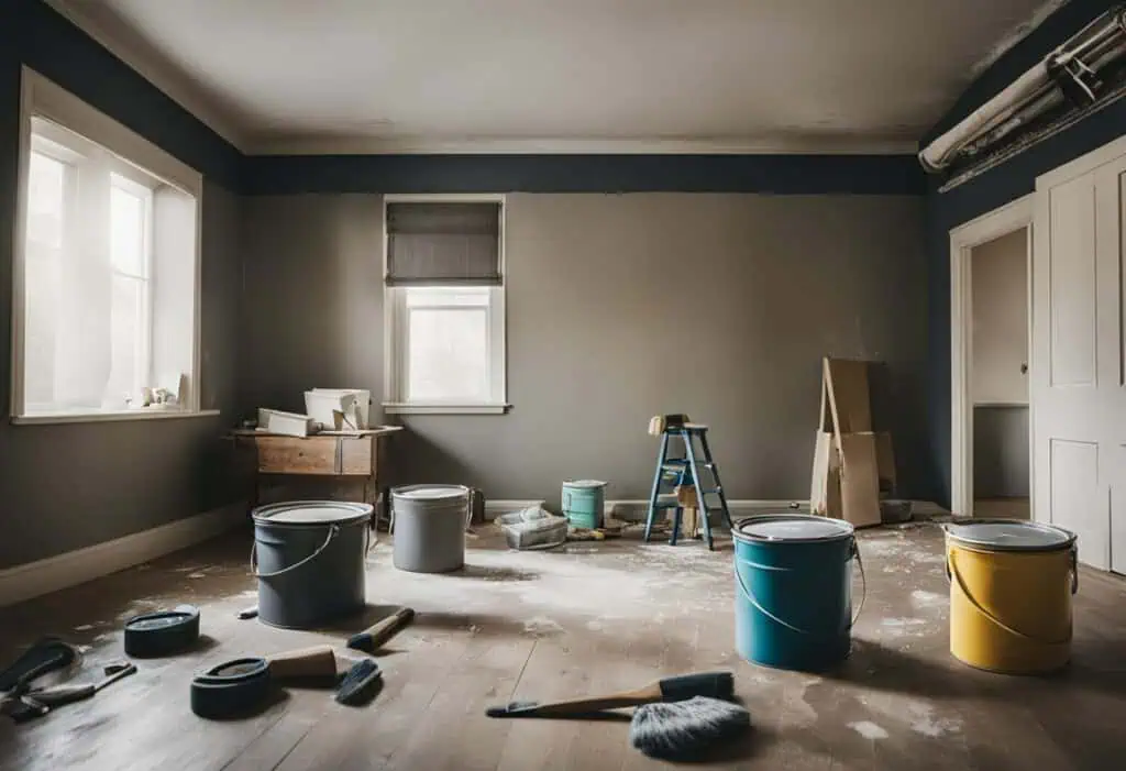 Interior of a room under renovation with paint cans and tools on the floor.