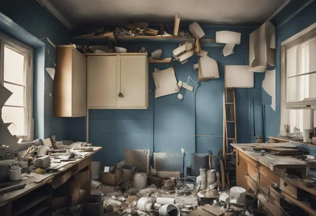 Collapsed ceiling and scattered debris in a cluttered room.