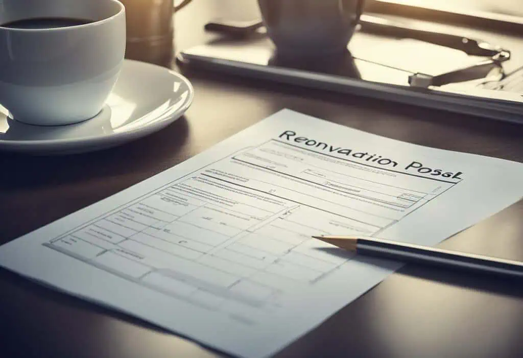 Business renovation proposal form on desk with pen and coffee.