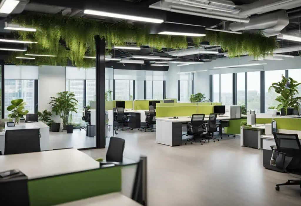 Bright, open-plan HR office with ergonomic desks, lush plants, and natural light for a productive wo.