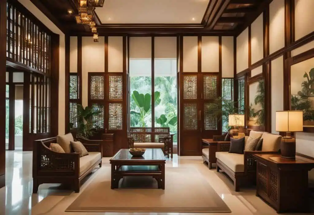 Huanghuali furniture in a luxurious Singapore living room with traditional Asian design elements.