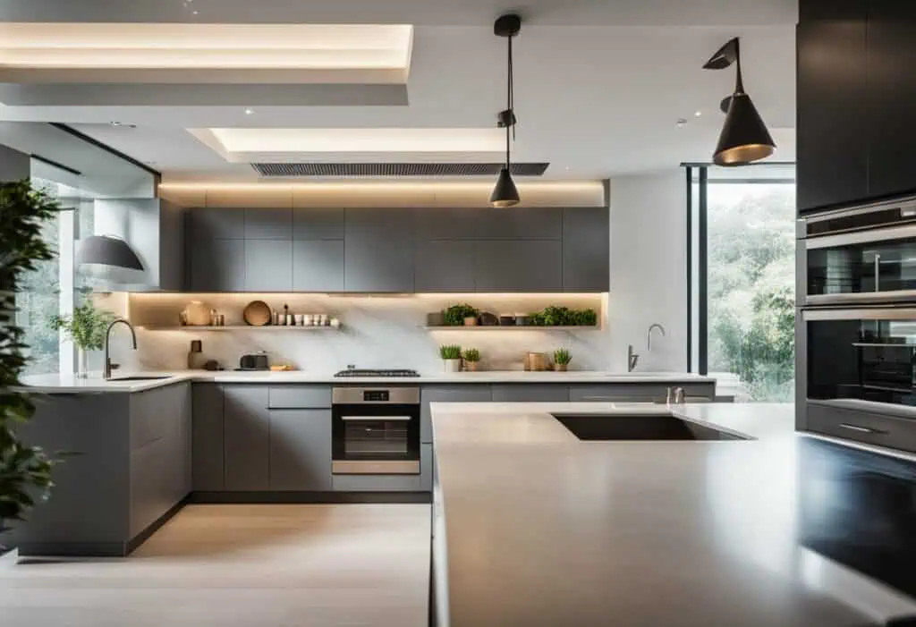 Modern I-shaped kitchen layout maximizing space and functionality. Sleek cabinets and integrated app.