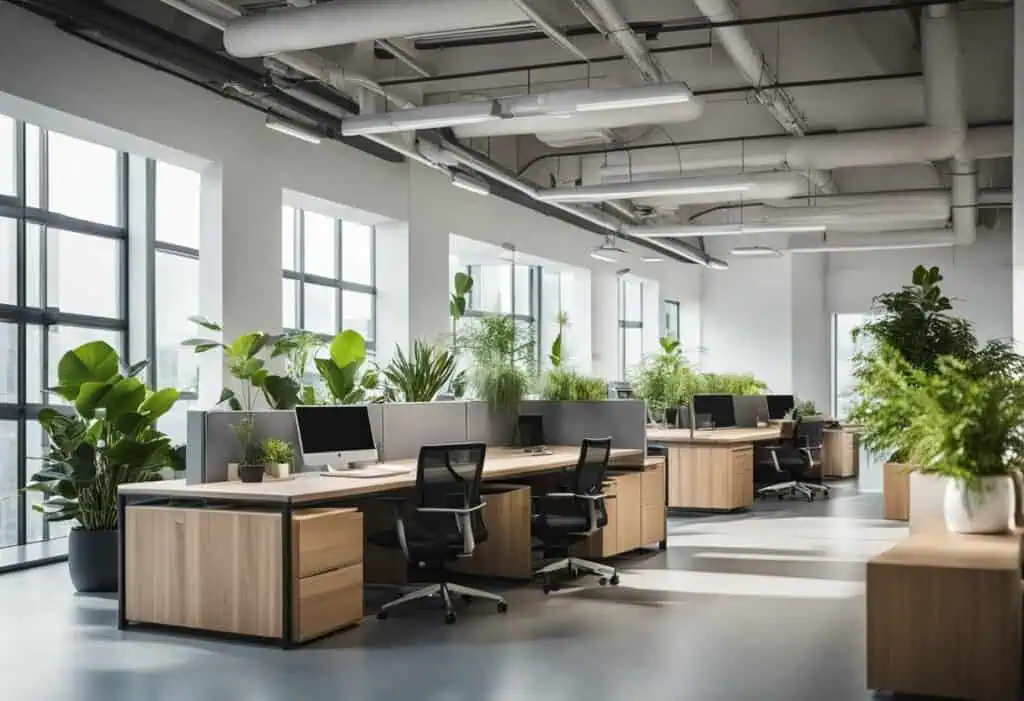 Bright office with ergonomic desks, lush greenery, and large windows promoting productivity and comf.