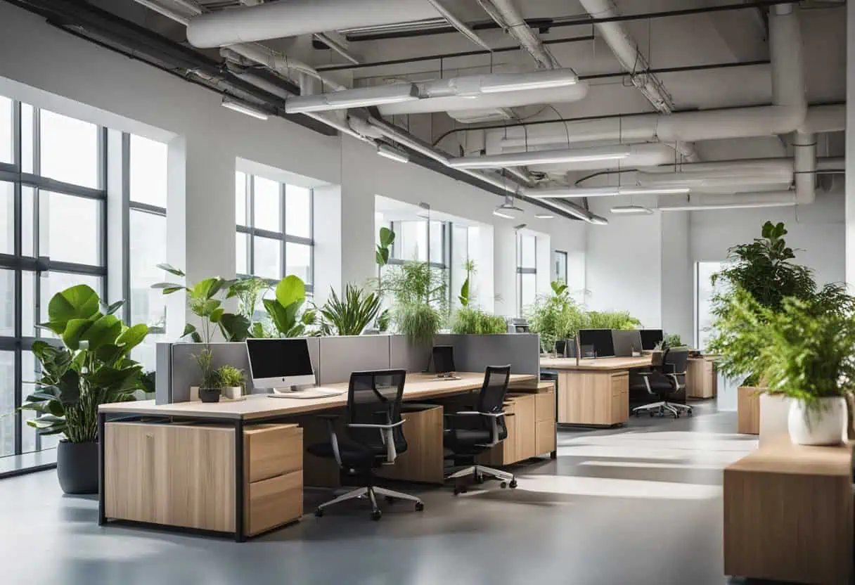 Bright office with ergonomic desks, lush greenery, and large windows promoting productivity and comf.