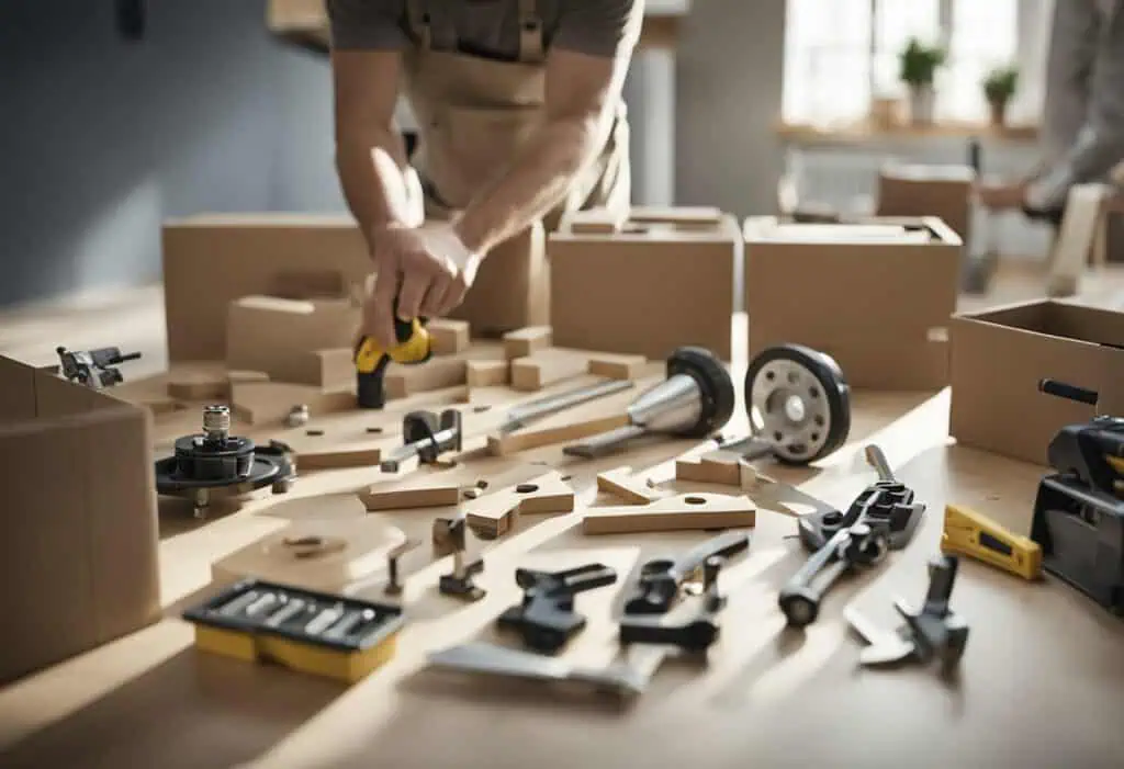 Furniture assembly tools and wooden parts on a work table.