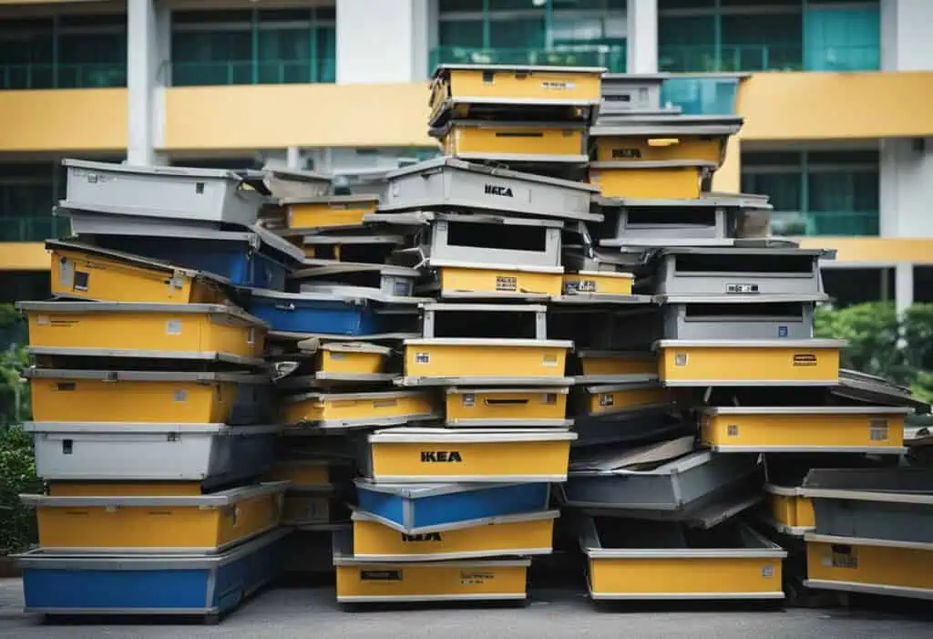 Stacked Ikea furniture disposal bins outside a building in Singapore.