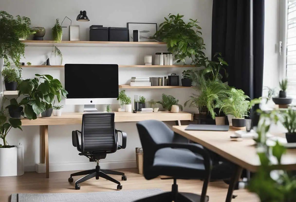 Bright and stylish home office featuring Ikea furniture, greenery, and organized workspace for produ.