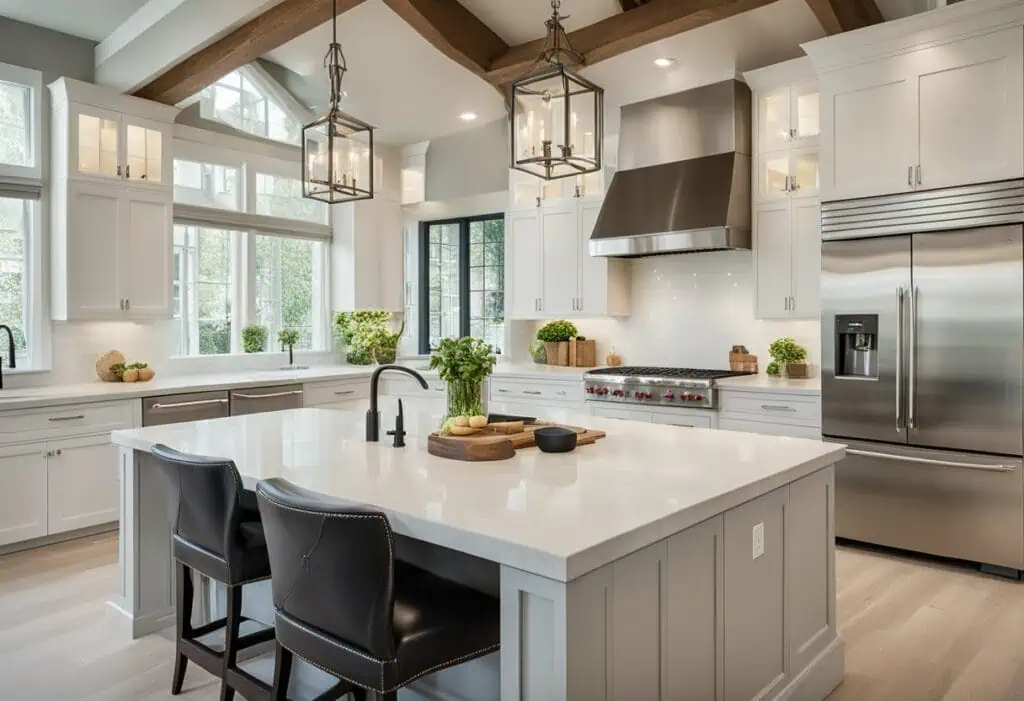 Bright, spacious kitchen featuring a large island, white cabinetry, and stainless steel appliances f.