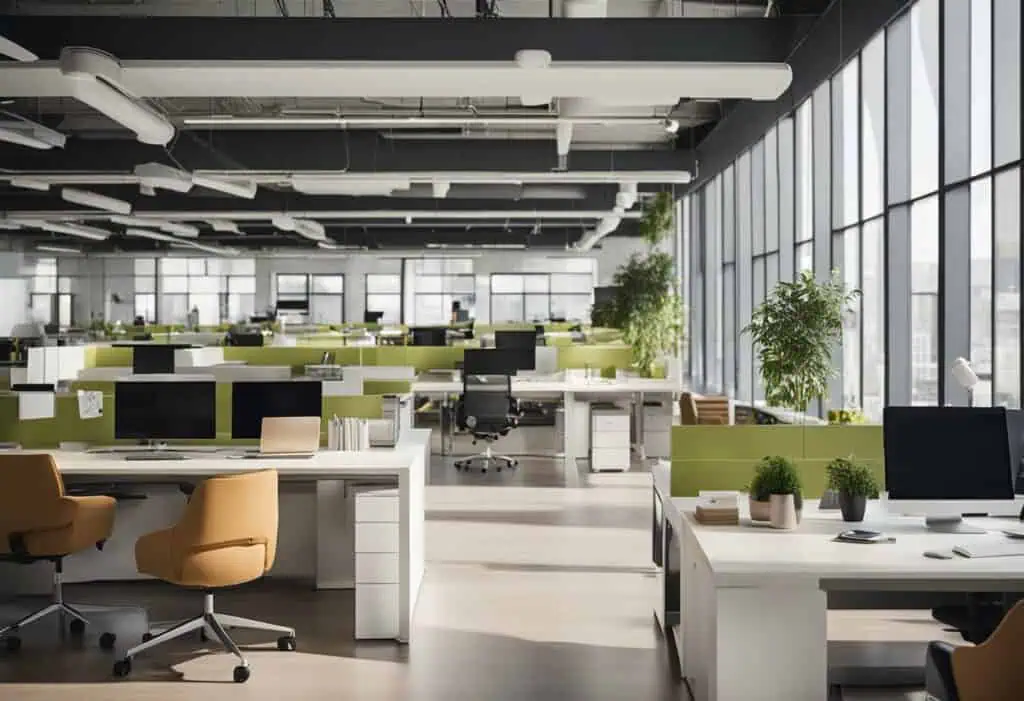 Bright, modern office with ergonomic furniture and large windows for a productive work environment.