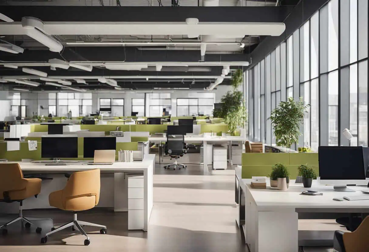 Bright, modern office with ergonomic furniture and large windows for a productive work environment.