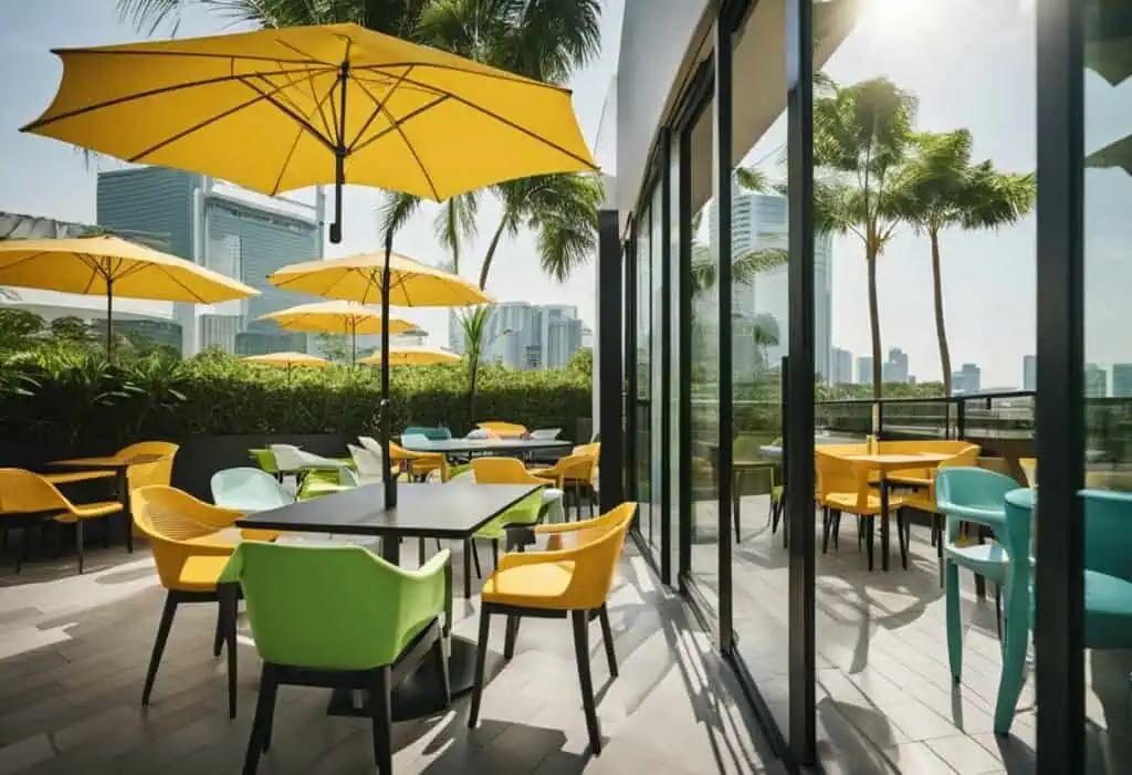 Outdoor furniture Singapore, patio setup, stylish outdoor seating, yellow umbrellas.