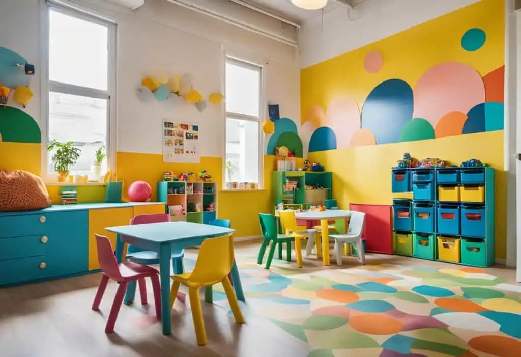 Bright and cheerful kids' room featuring colorful furniture and playful wall art.