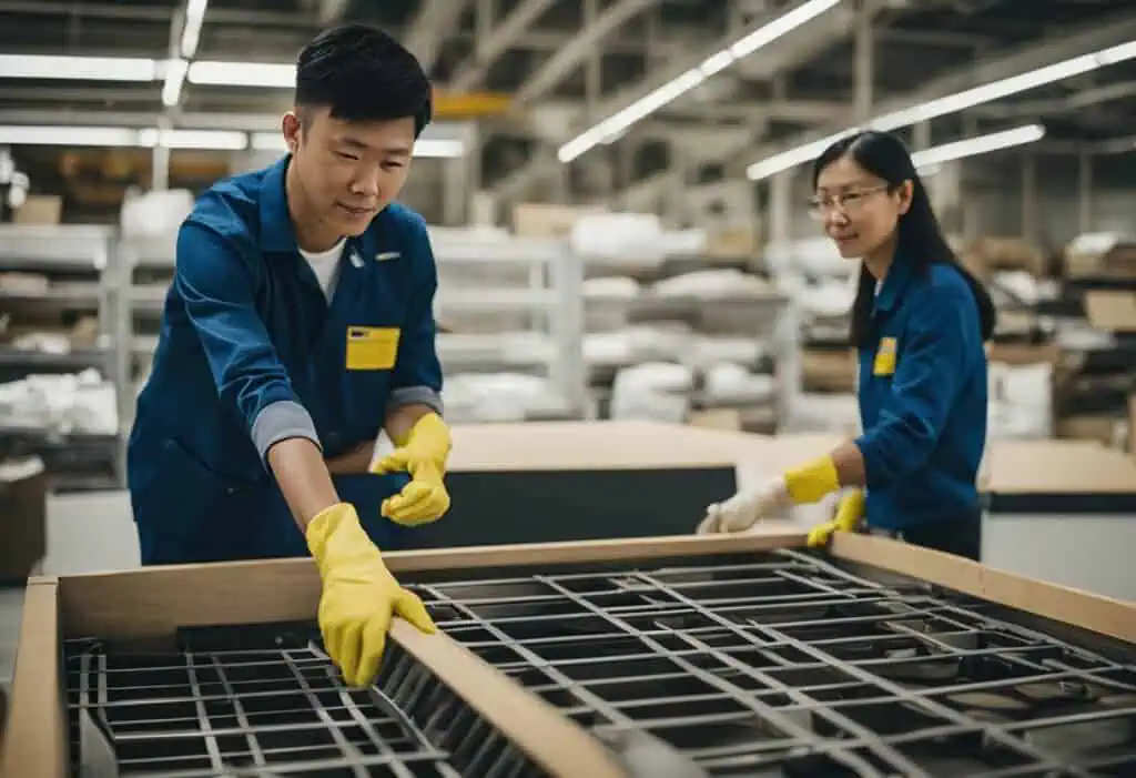 Two workers handling old furniture for disposal or recycling at Ikea Singapore.